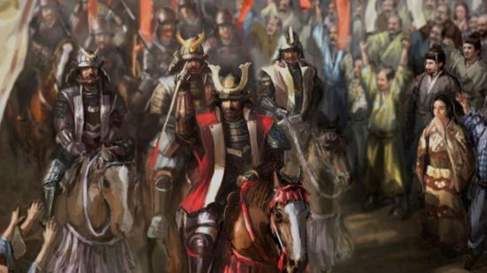 Nobunaga's Ambition: Awakening Switch review - various soldiers riding horses in samurai-style armour in art from a cutscene.