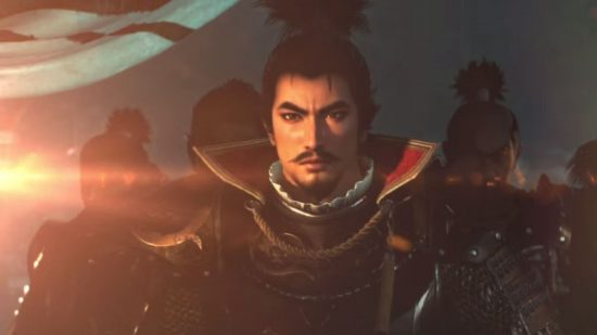 Nobunaga's Ambition: Awakening Switch review - a man with hair in a bun and a moustache looks stern in austere yet fancy armour.
