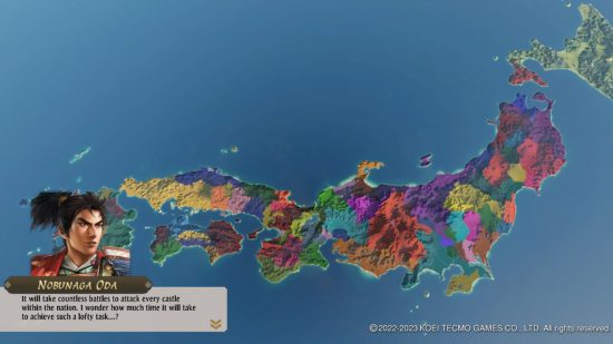 Nobunaga's Ambition: Awakening Switch review - a map of Japan with different regions in different colours.