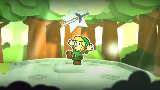 Paper Zelda: A papercraft Link pulls the master sword from its pedestal