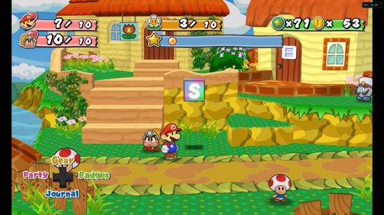 Paper Zelda: a screenshot from Paper Mario and The Thousand Year Door, Mario wanders around a brightly lit village