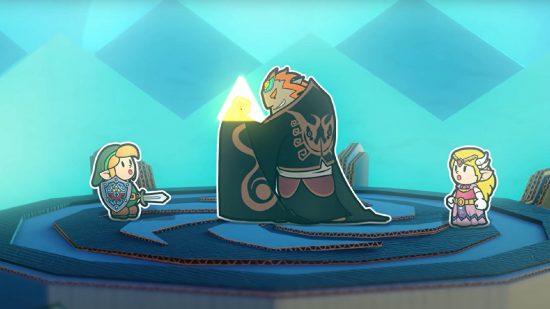 Paper Zelda: A paper style recreates the ending of Wind Waker, with Ganondorf holding the triforce in front of Zelda and Link