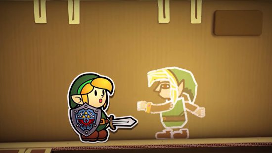 Paper Zelda: A papercraft Link meets the Link Between Worlds Link who is fused into a wall