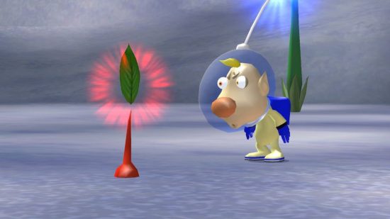Pikmin 1+2 review: Louie from Pikmin2 pulling a confused face at a red Pikmin sprout emerging from the snow