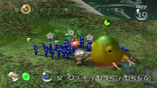 Pikmin 1+2 review: Olimar and a group of blue Pikmin fighting a giant frog