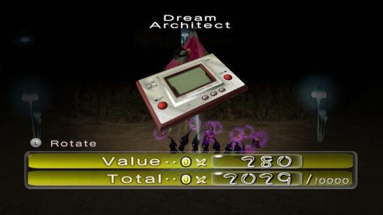 Pikmin 1+2 review: The appraisal screen showing a Game + Watch labelled as a 'Dream Architect', providing 280 coins and bringing the total to 2029