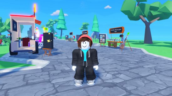Pls Buy Me codes: a Roblox player standing in front of multiple Ps Buy Me stalls