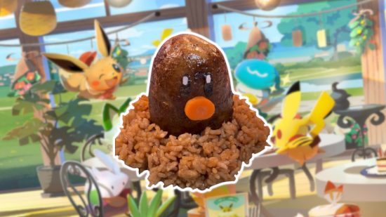 Pokemon food: A potato decorated to look like a Diglett poking out of some rice, outlined in white and pasted on a blurred piece of art from Pokemon Cafe Remix