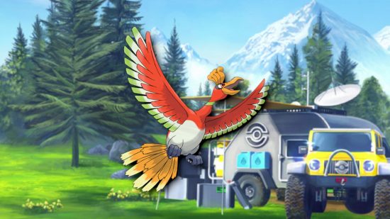 Pokemon Go's Ho-oh flying in front of a camper van