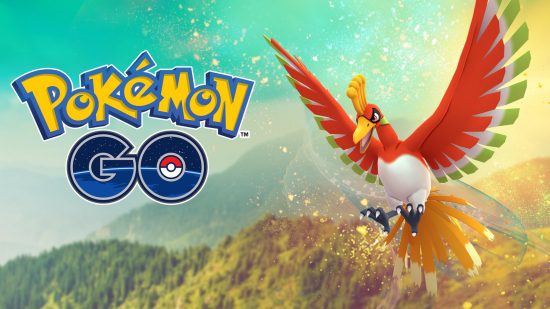 Pokémon Go's Ho-Oh flying through the sky next to the game's logo