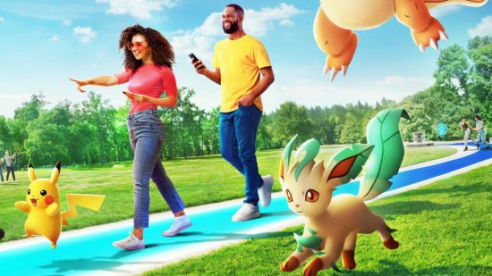Pokemon Go routes: two trainers walk down a route playing Pokemon Go