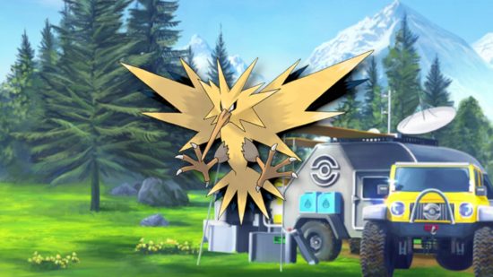 Pokemon Go's Zapdos flying in front of a static background of a campsite