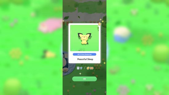 Pokémon Sleep review: a screenshot shows a sleeping Pichu
