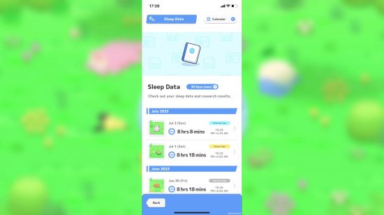 Pokémon Sleep review: A menu shows sleep data collected in Pokémon Sleep