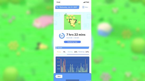 Pokémon Sleep review: a menu shows a recorded sleep pattern and a Pichu