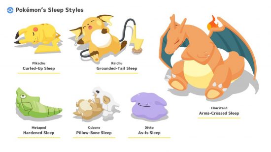 Reloj inteligente Pokémon Sleep: Pikachu, Raichu, Metapod, Cubone, Ditto y Charizard aparecen dormidos contra un fondo blanco