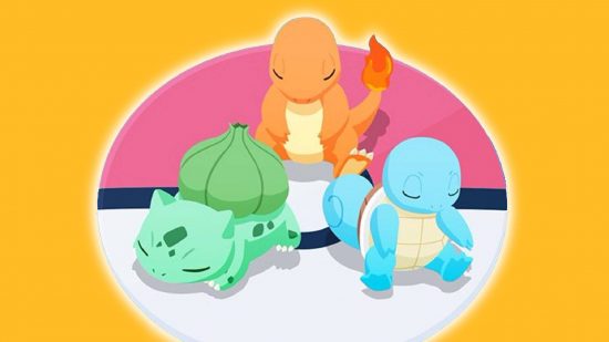 Pokemon Sleep smart watch - a Bulbasaur, Charmander, and Squirtle fast asleep against a mango-coloured background