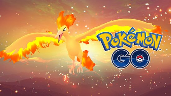 Pokemon Go's Moltres flying surrounded by fire next to the game's logo