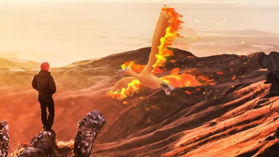 Pokemon Go's Moltres flying next a volcano as a shadowy figure looks on
