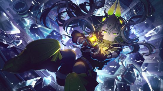 Project Sekai events: Nene falling through a glass platform in a futuristic black and neon green outfit, aiming a gun towards the camera