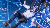 PUBG Mobile World Invitational header showing a man in a white shirt and dark trousers parachuting through an abstract space wearing a metal helmet completely obscuring his face.