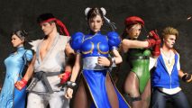 PUBG Street Fighter 6 crossover header showing five characters in a lineup -- in the middle is a woman in a blue ornate dress with brunette hair in buns, next to her on the right is a woman in a green leotard and military beret flexing her arms, while on the left is a man in karate dress with a red headband around his black hair. On the outer edge on the right is a man in a blue top with blonde hair, while on the left is a woman in a long light-blue dress.