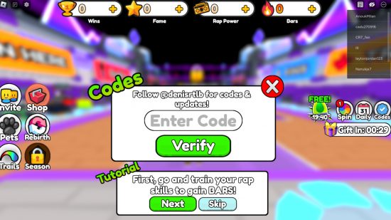Rap Battle Simulator codes: A screenshot showing the code redemption screen