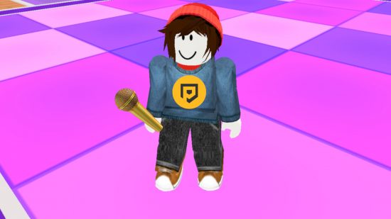 Rap Battle Simulator codes: A brown-haired Roblox character wearing a jumper with the Pocket Tactics logom on and a red beanie standing on a pink squared dancefloor and holding a golden microphone