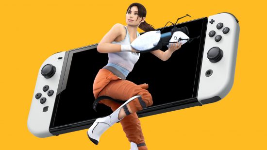 Science games: Chell from Portal overlayed on a Nintendo Switch OLED model on a mango colored background