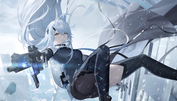 Snowbreak codes - a white-haired anime girl falls through the sky while shooting a gun