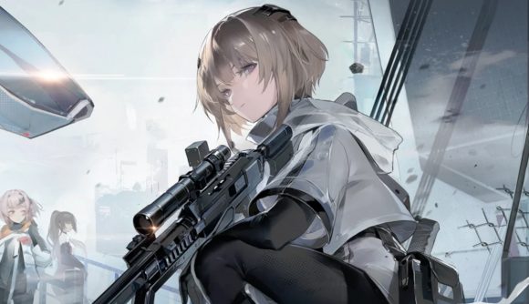 Snowbreak: Containment Zone release date: A close-up of one of the characters crouched with her gun, looking at the camera