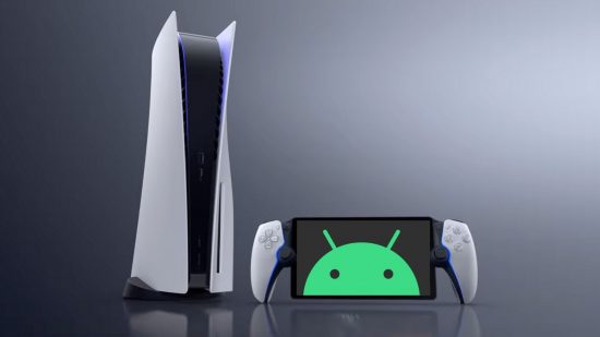 Sony Project Q release date header showing a PS5 console, a tall tower of black wrapped in white plastic, next to a handheld device - two controllers either side of a tablet-style scree -- with the Android logo superimposed on top of it, all on a grey and black gradient background.