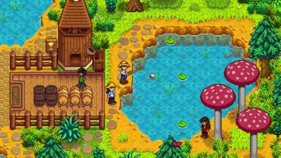 Screenshot of someone fishing with a friend for Stardew Valley Switch review