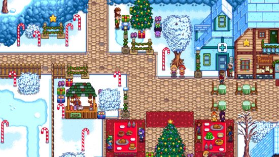 Going to the winter festival with snow on the ground for Stardew Valley Switch review