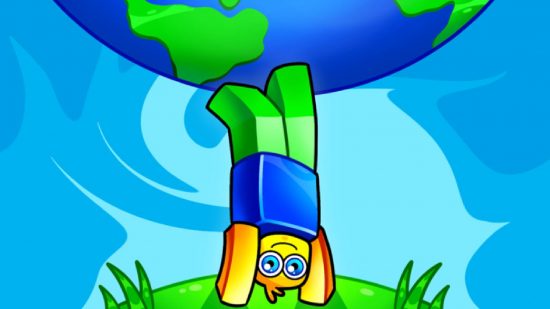 Strong Leg Simulator codes: key art for the Roblox game Strong Leg Simulator shows a Roblox avatar lifting up a planet with their legs