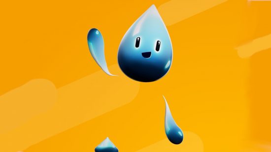 Stumble Guys skins: The Squirt skin, a raindrop with floating arms and legs, on an orange background