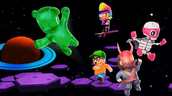 Stumble Guys skins: Several Stumble Guys characters in a variety of skins floating through space, led by Candie Bear