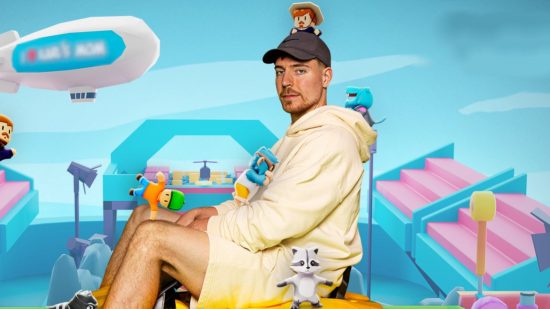 Stumble Guys skins: Mr Beast (the real guy) sat in a tiny yellow car wearing an all-beige tracksuit coordinate while digital Stumble Guys crawl all over him. He looks less than pleased.