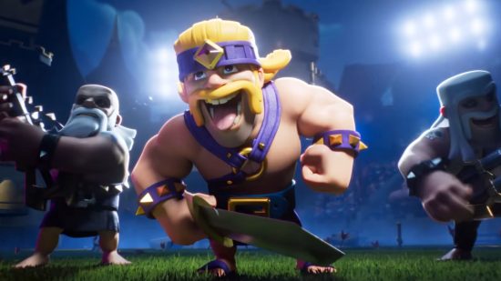 Screenshot of the Barbarian wagging his tongue from the Supercell Clash Royale card evolution trailer