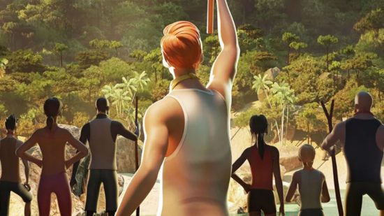 Key art for Survivor Castaway Island release date news with one of the survivors raising a stick in defiance