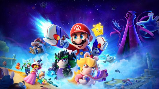 Tactics games: Mario and several other Mushroom Kingdom residents appear in key art, holding guns