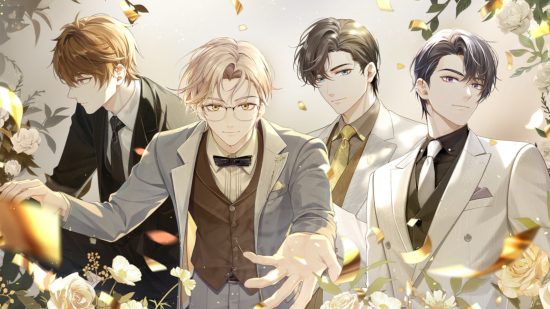 Tears of Themis second anniversary: The four male leads from ToT dressed in suits with gold accents mirroring a wedding/engagement