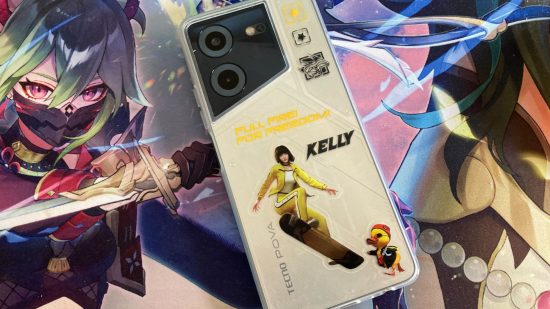 Tecno Pova 5 Free Fire Special Edition review: A photo of a customized clear phone case with Kelly Free Fire stickers on a Genshin Impact mousemat