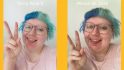 Tecno Pova 5 Free Fire Special Edition review: Two selfies of a blue-haired person doing a peace sign, the left taken on the Pova 5 and the right taken on the iPhone SE 2020