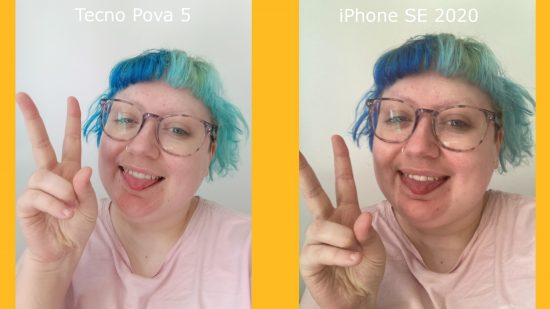 Tecno Pova 5 Free Fire Special Edition review: Two selfies of a blue-haired person doing a peace sign, the left taken on the Pova 5 and the right taken on the iPhone SE 2020
