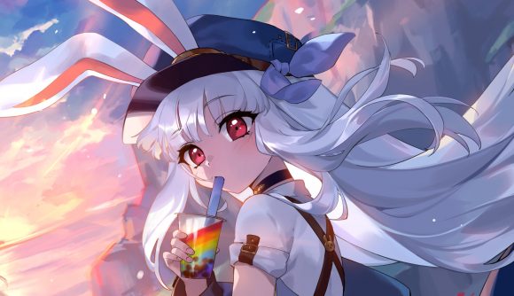 Tevi release date: Lead character Tevi, a girl with white hair, red eyes, and while bunny ears, drinking a cup of rainbow bubble tea on a picnic in the sunset.