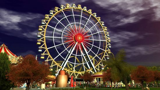 Screenshot of a ferris wheel from RollerCoaster Tycoon 3 for theme park games guide