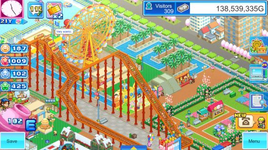 Screenshot of a small park in Dream Park Story for theme park games guide