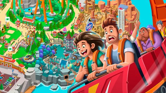 Key art for Idle Theme Park Tycoon with two characters on a coaster for theme park games guide