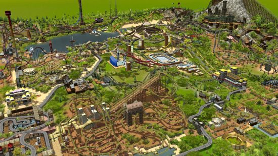 Screenshot of a massive park from RollerCoaster Tycoon 3 for theme park games guide